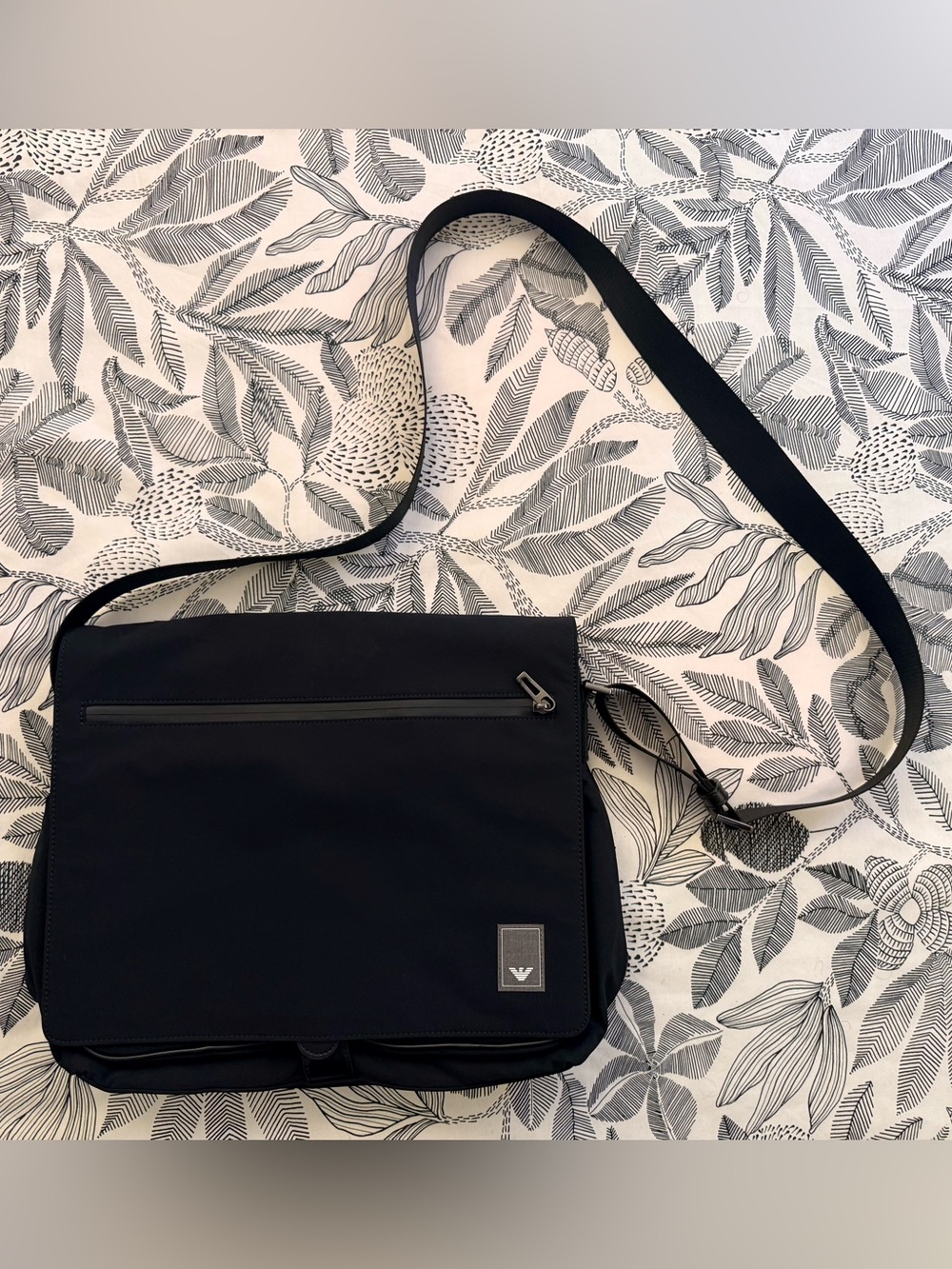 Emporio Armani Black and Gray Leaf-Print Bedding with Black Messenger Bag Accent
